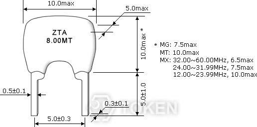 陶瓷谐振器 (ZTA8.00MT) 尺寸图